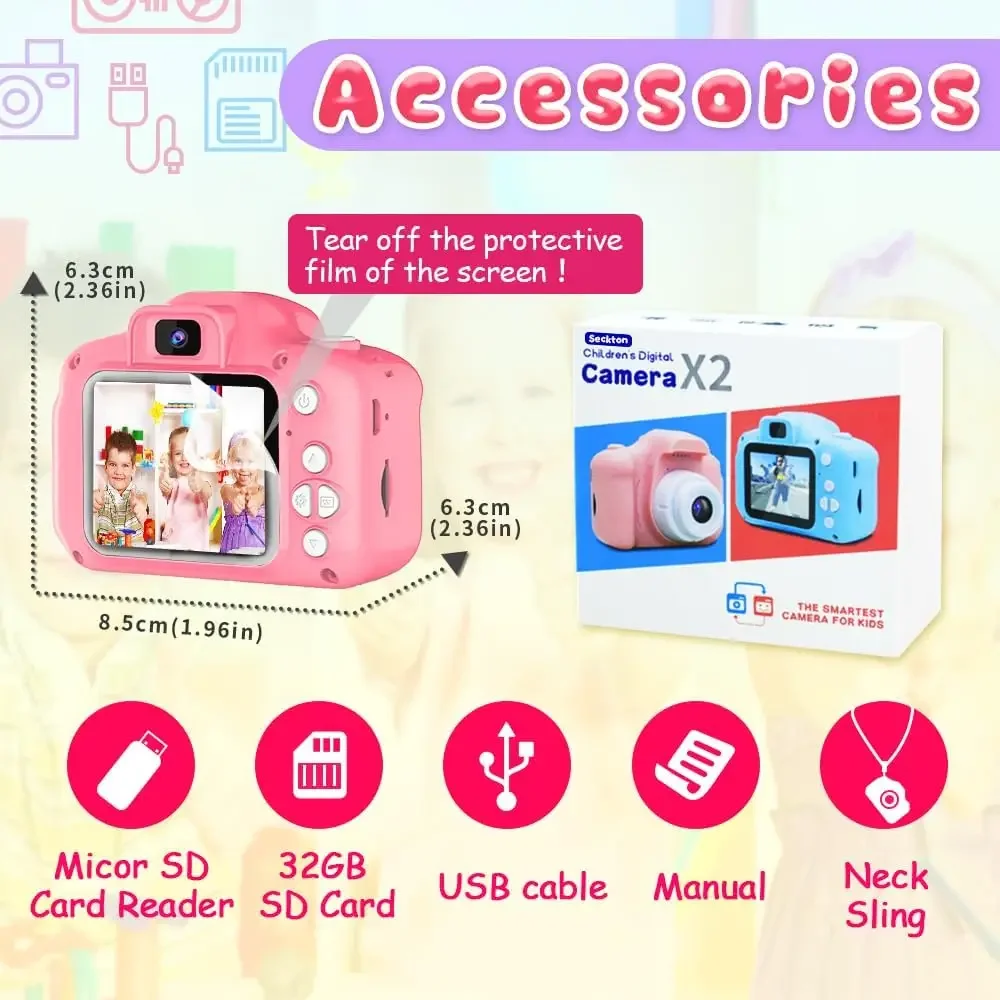 Upgrade Kids Selfie Camera, Christmas Birthday Gifts, HD Digital Video Cameras for Toddler, Portable Toy for Girl Card-Pink