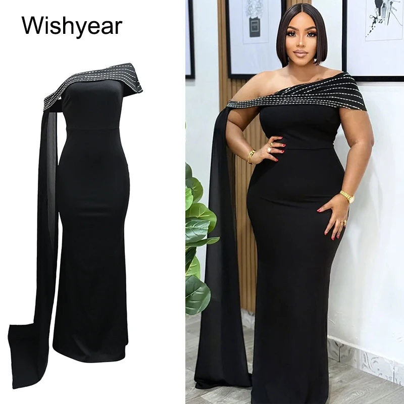 Robe de soirée noire de luxe pour femmes, col incliné irrégulier, strass, paillettes d'anniversaire, asymétrique épaule dénudée, Robe de soirée en boîte de nuit, nouvelle collection