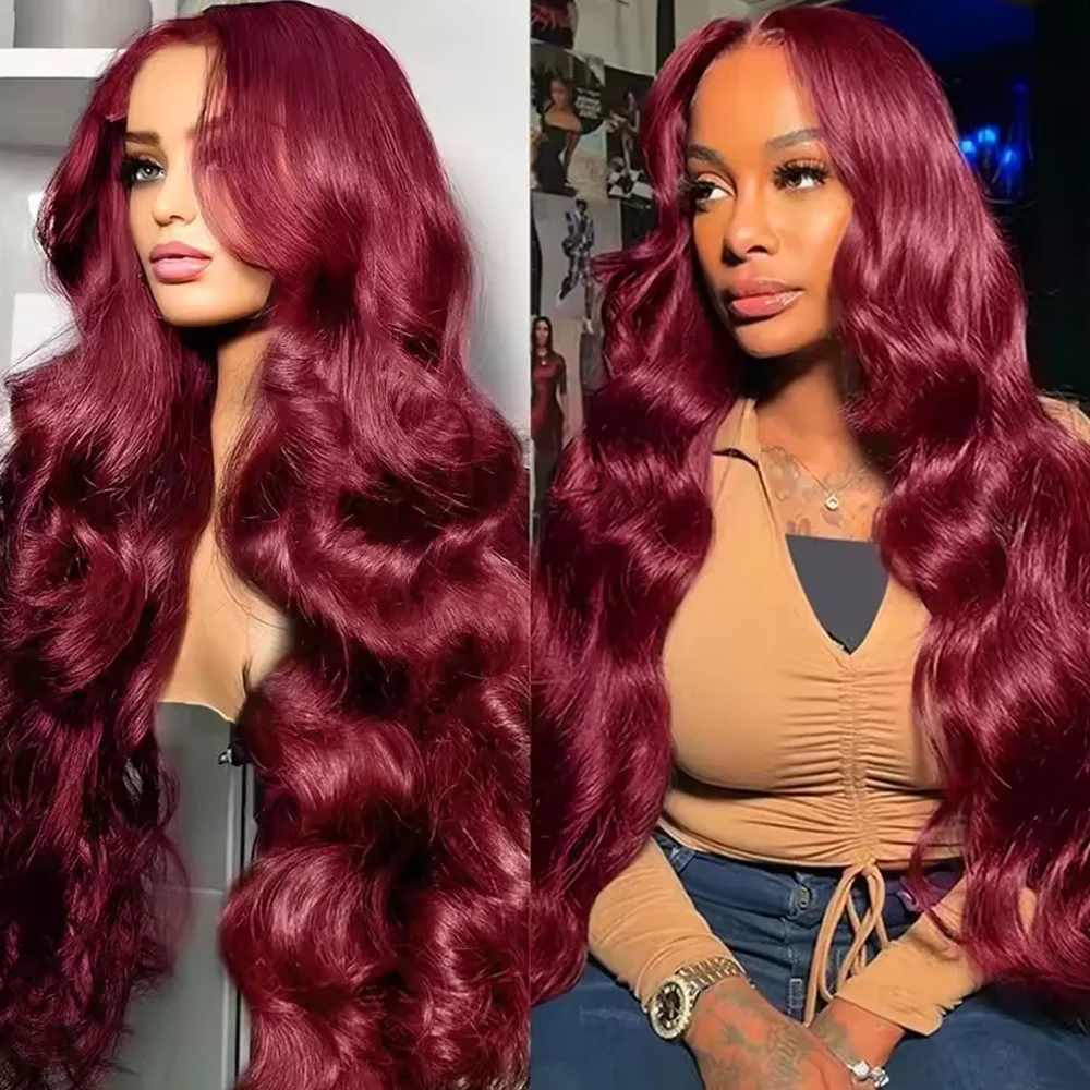 

250 Плотность 99J Бордовый парик фронта шнурка объемной волны 100% человеческие волосы 13x4 HD Прозрачный 18 34 дюймов Парики фронтальной части шнурка для женщин