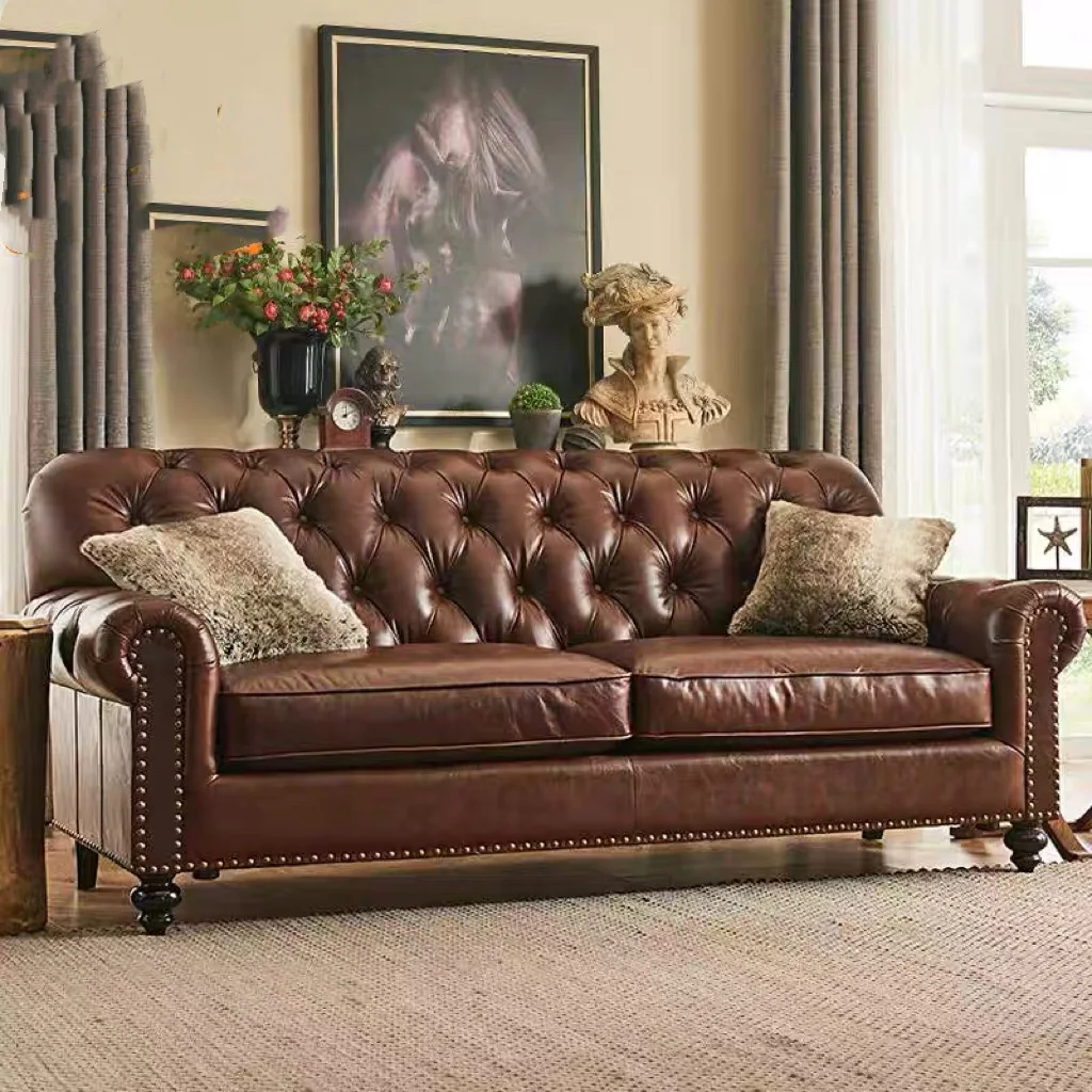 

American country solid wood leather retro buckle sofa living room single double three sofa combination model room villa sofa