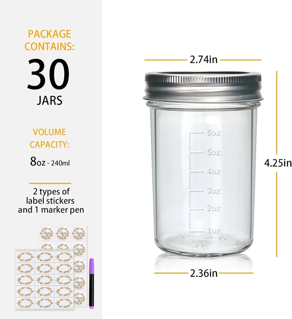 30 Pack 8 oz Mason Jars with Lids, Half Pint Clear Glass Canning Jars for Jam, Honey, Spices, Food Storage, Wedding Favors