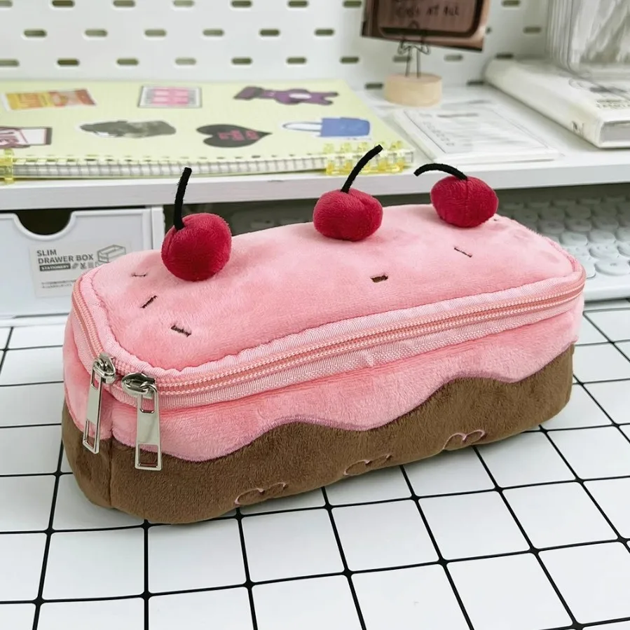 Cute plush cherry cake pencil case high value large capacity cosmetic bag student stationery bag storage bag