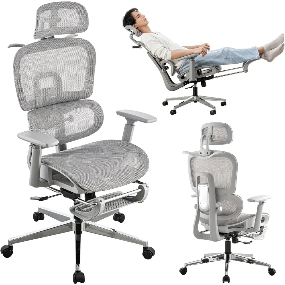 كرسي مكتب شبكي مريح مع مسند للقدمين، كرسي ألعاب شبكي عالي الظهر مع دعم قطني، مسند رأس قابل للتعديل ومساند للذراعين لـ H #1