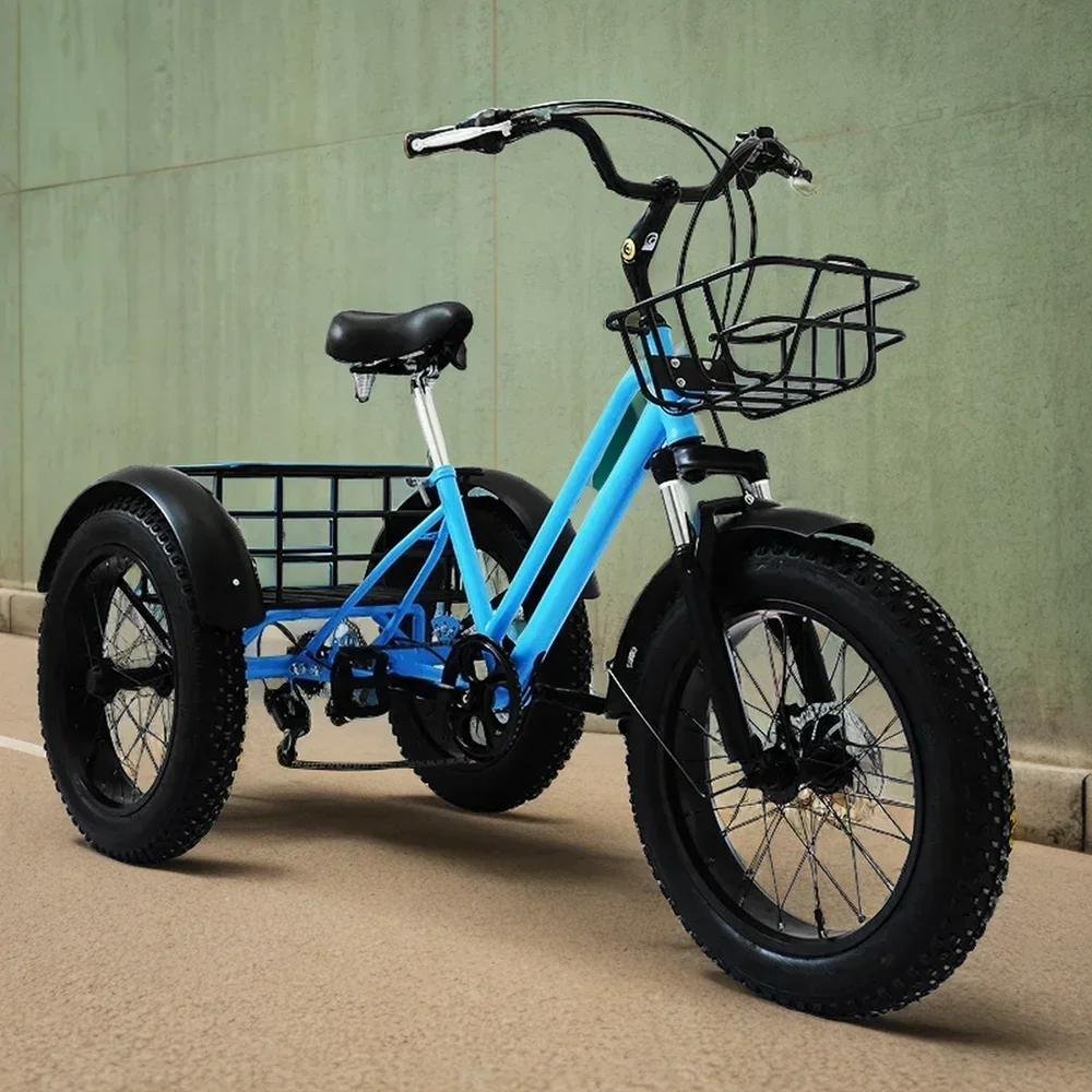 

20 inch MTB fat tire pedal tricycle 7 speed off road Fatbike high carbon steel frame leisure elderly tricycle with fruit basket