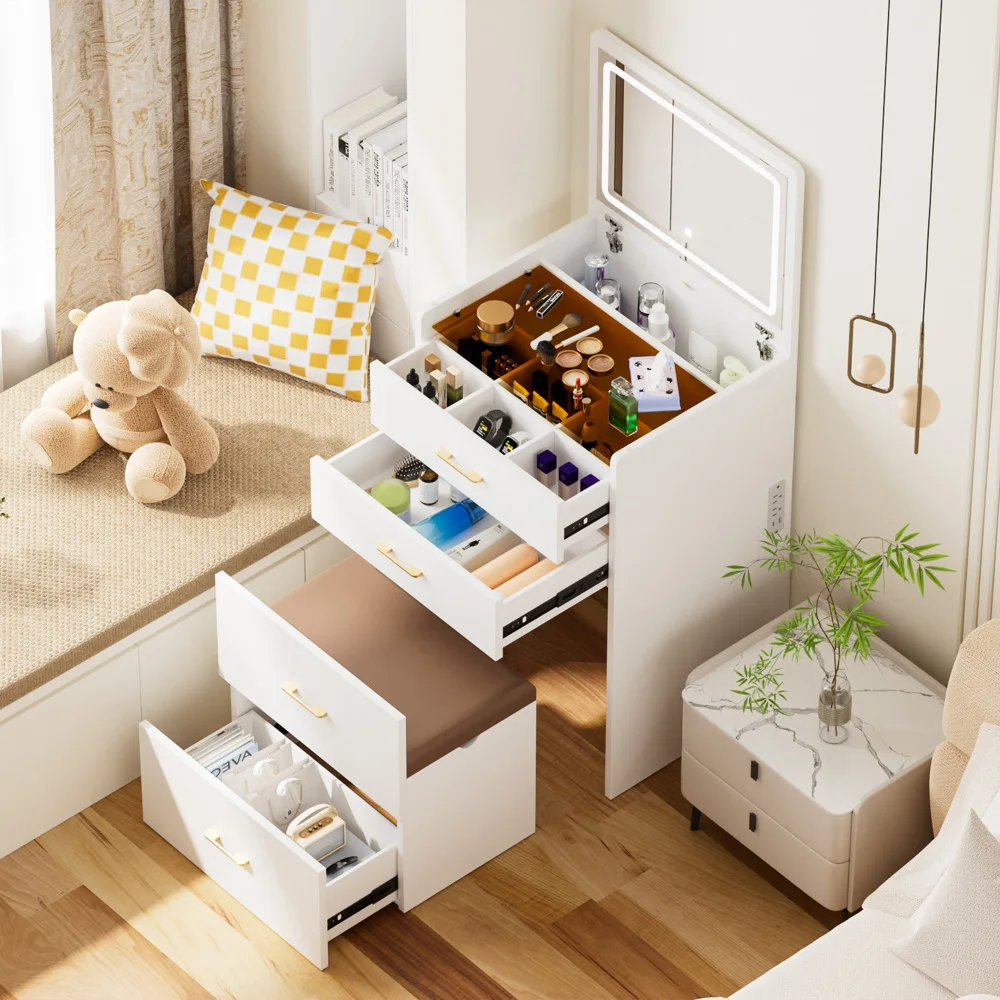 

23.6'' Wide Makeup Vanity Table with Flip Top Lighted,Storage Makeup Stool,3 in 1 Vanity Desk with Visible Glass