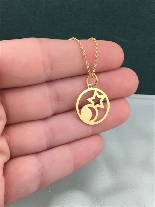 Star and Moon Sun in Circle Round Necklace Minimalist Geometric Galaxy Sailor Crescent Half Moon Eclipse Pendant Collar Choker