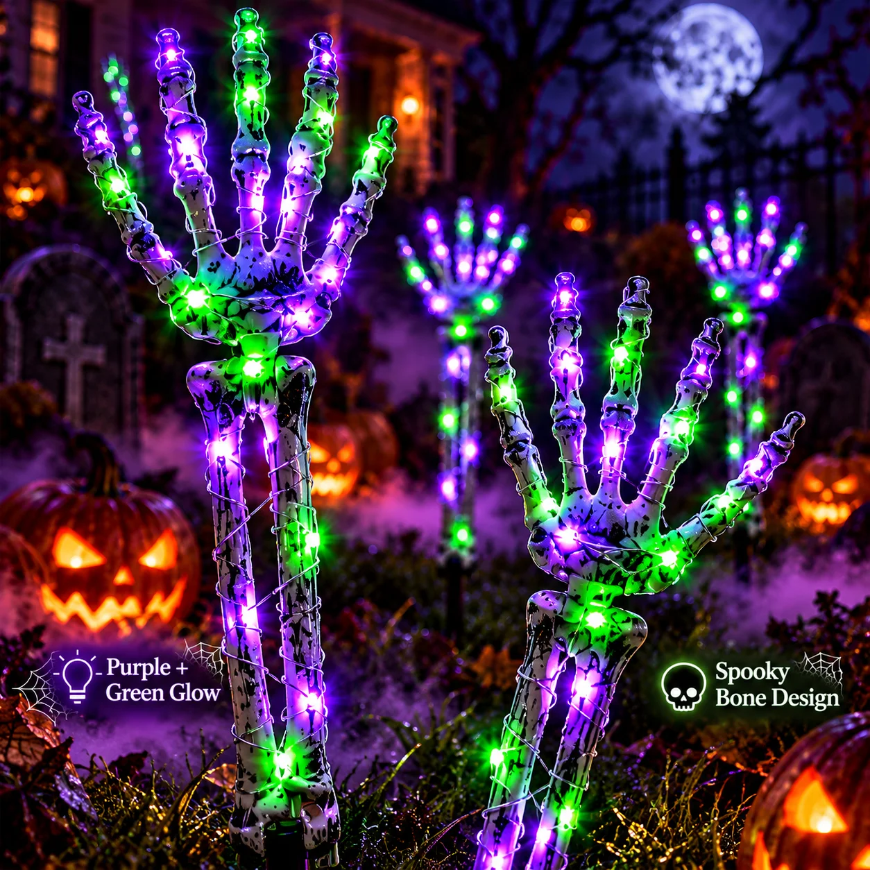 Halloween Solar Garden Lights 5PCS Skeleton Hand Stake Lights Purple Green LED Outdoor Yard Lawn Graveyard Decorations