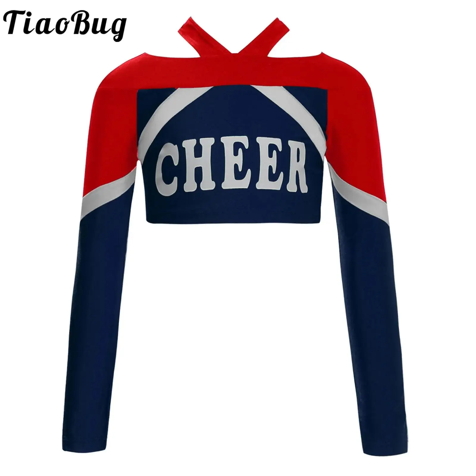 

Kids Girls Cheerleading Modern Dance Performance Costume Shirt Top Long Sleeve Cheer Letter Print Crop Top Cheerleader Dancewear
