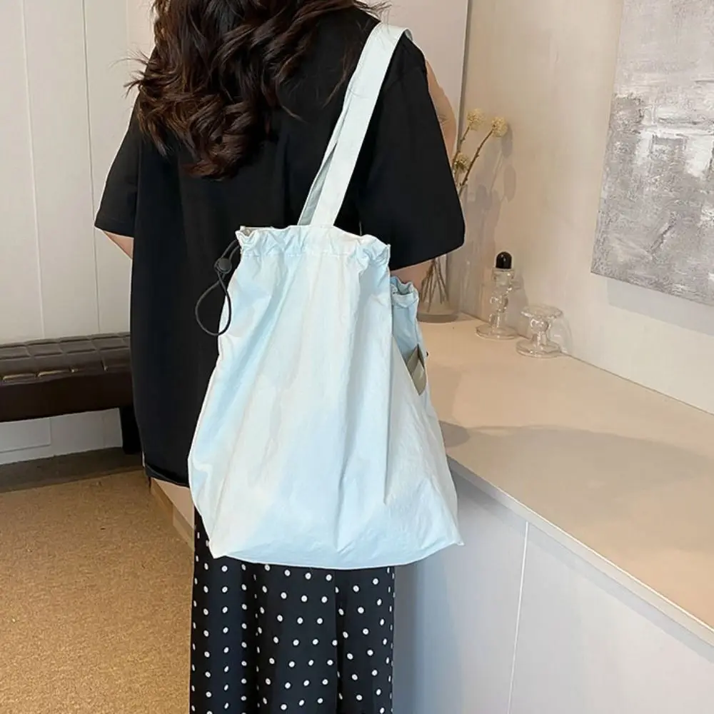 Casual Solid Color Drawstring Tote Bag Reusable Washable Shopping Bag Large Capacity Environment-Friendly Canvas Handbag Girls