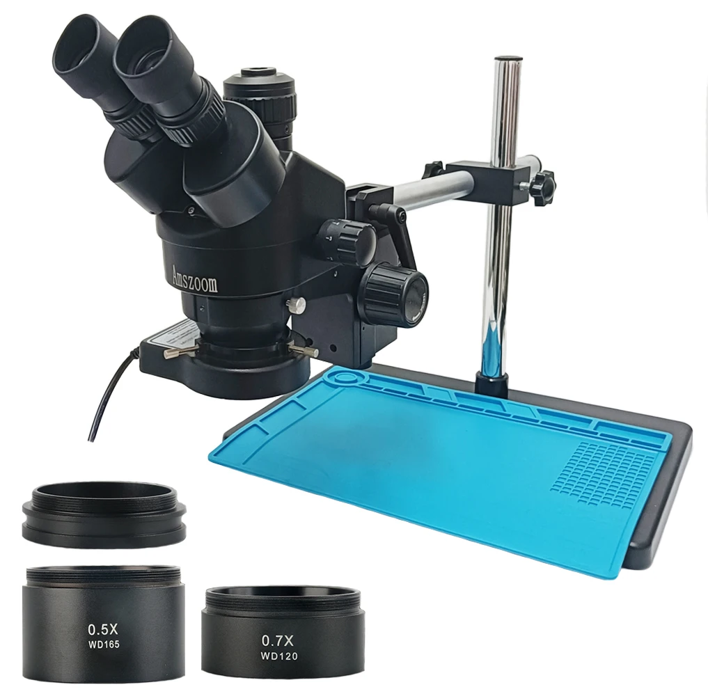 3.5X-90X  Simul-Focal Trinocular Stereo Microscope Dual Arm Support With 0.7X 0.5X 2X Objective Lens Soldering PCB Phone Repair