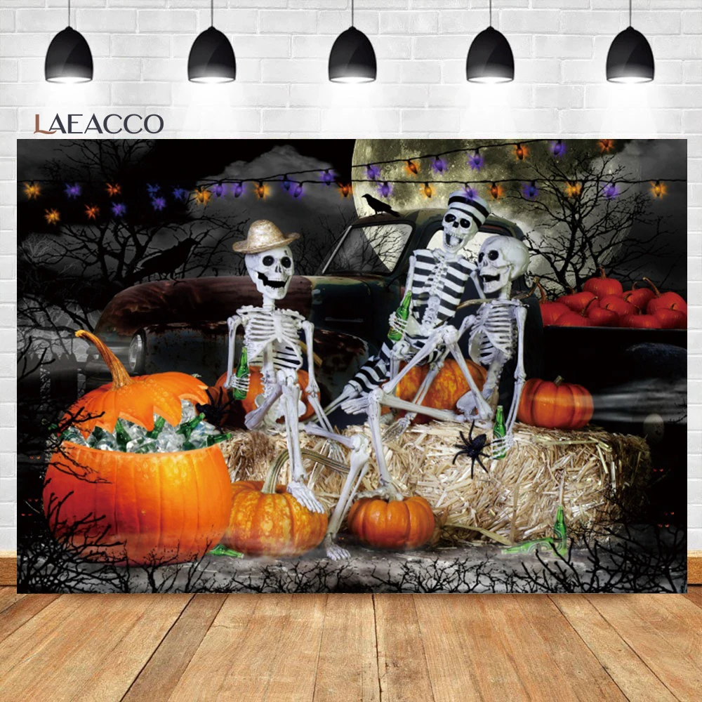 

Laeacco Halloween Photo Background Horror Night Full Moon Skull Pumpkin Kids Birthday Portrait Customzied Photography Backdrop