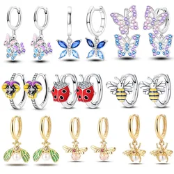 100% 925 Sterling Silver Colorful Flower Butterfly Bee Stud Earrings For Women 2024 New Arrival Jewelry Gifts