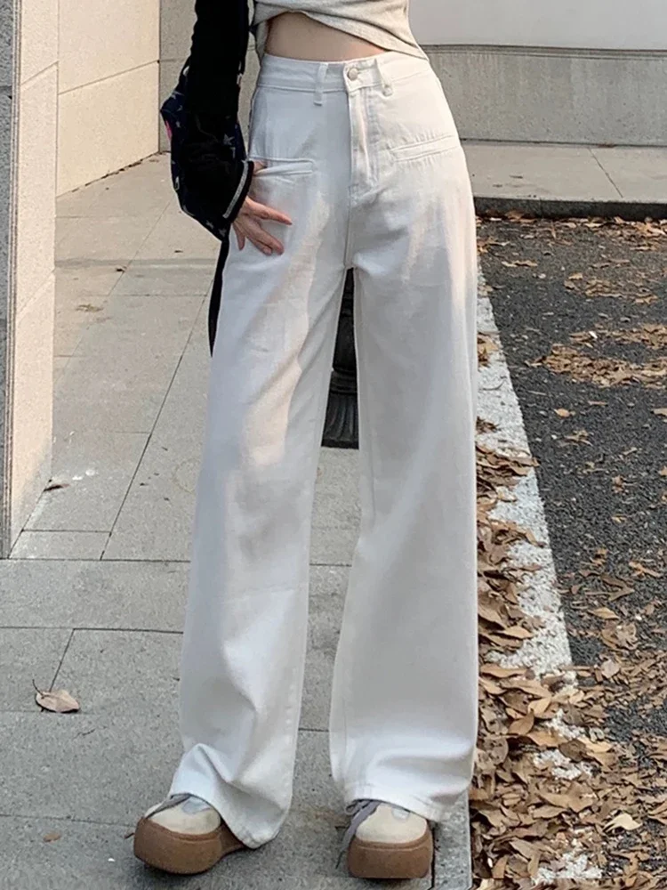 Summer Solid Color High Waist Slim Straight Casual Female Jeans White Classic Loose Fashion Simple Vintage Female Wide Leg Pants