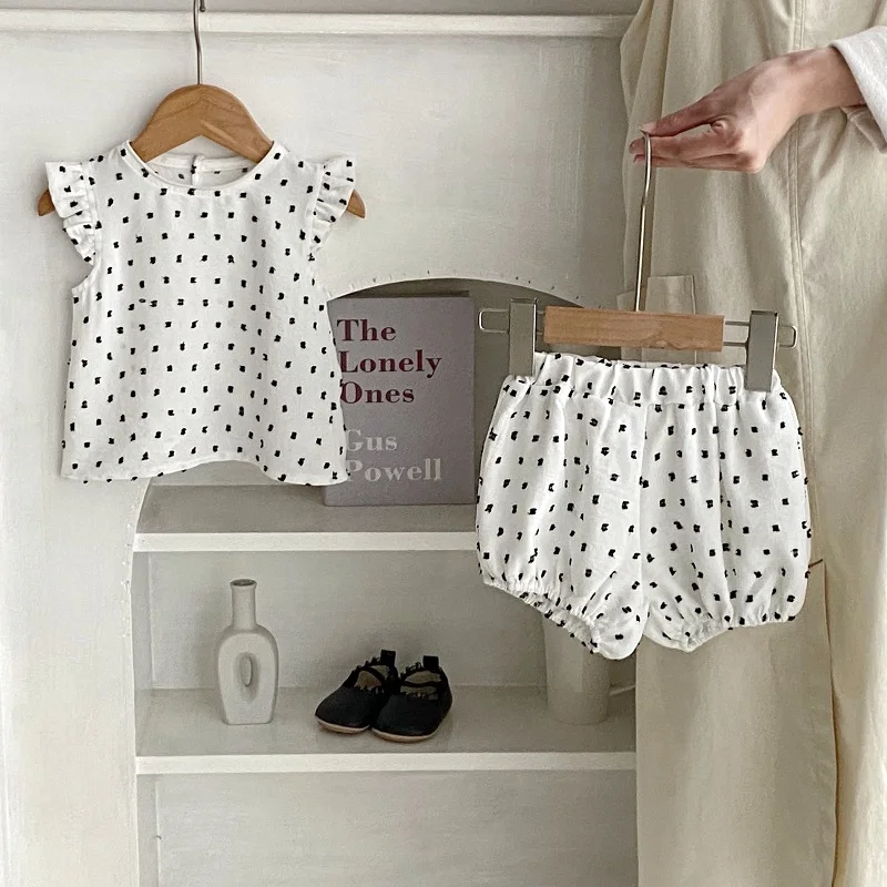 

2PCS Set Baby Girl Clothes 0-3Years Newborn Kids Fly Sleeve Dot Shirt Tops+Elastic Waist Bloomers Short INS Outfits Summer Suit