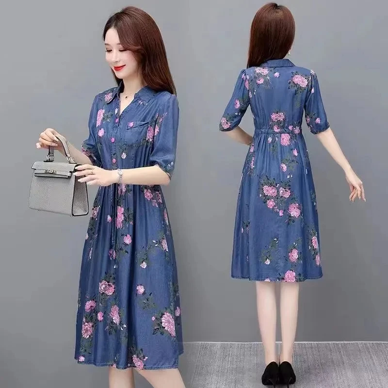 2024Summer Print Denim Dress Women\'s V Neck Short Sleeve Pocket Casual A Line Denim Dresses Street Bomber Jeans Vestidos Female