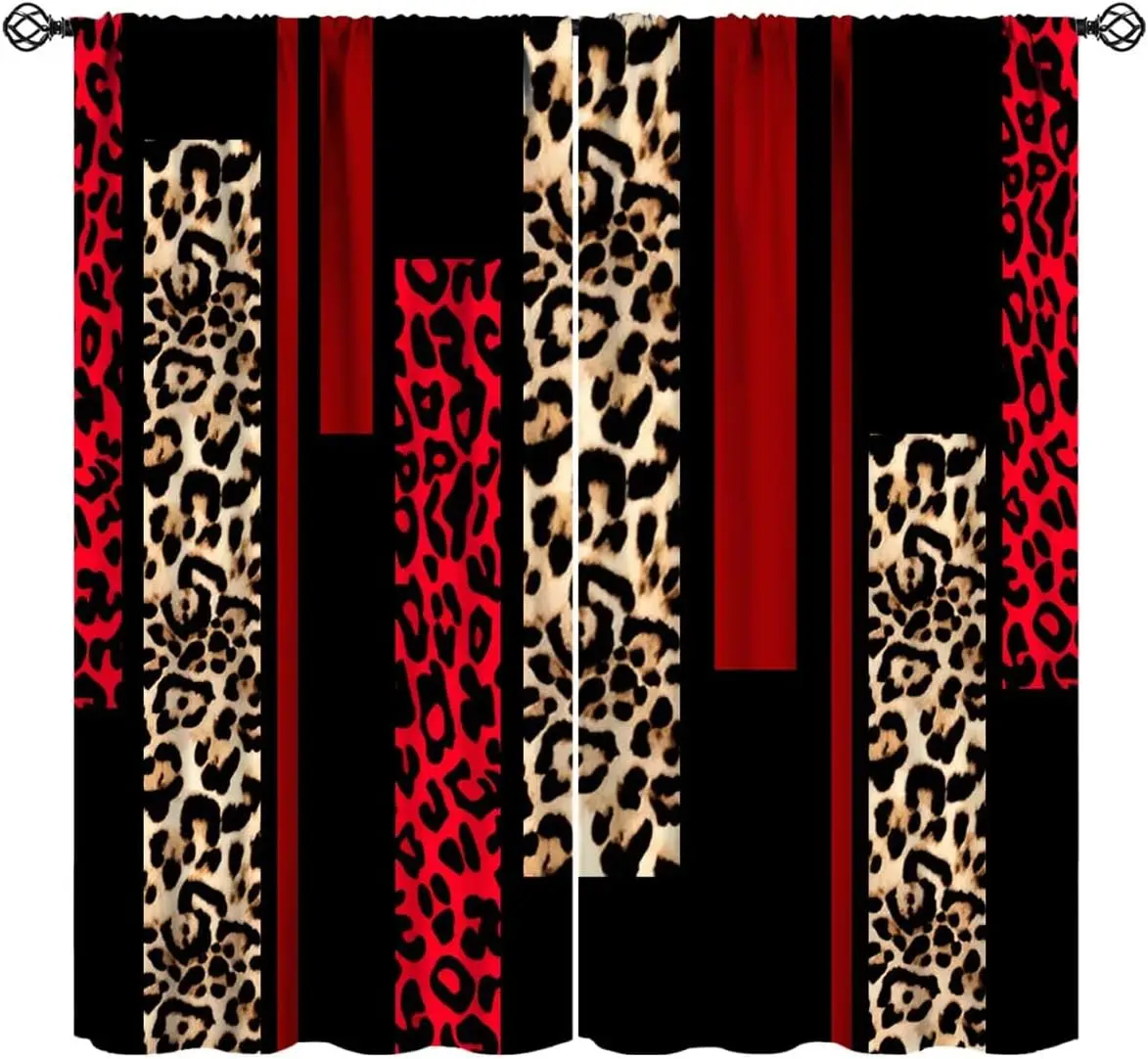 Vertical Color Block Leopard Splicing Blackout Rod Pocket Curtain Red Beige Contrast Bold Print Chic Homestay Bedroom Rest Bay