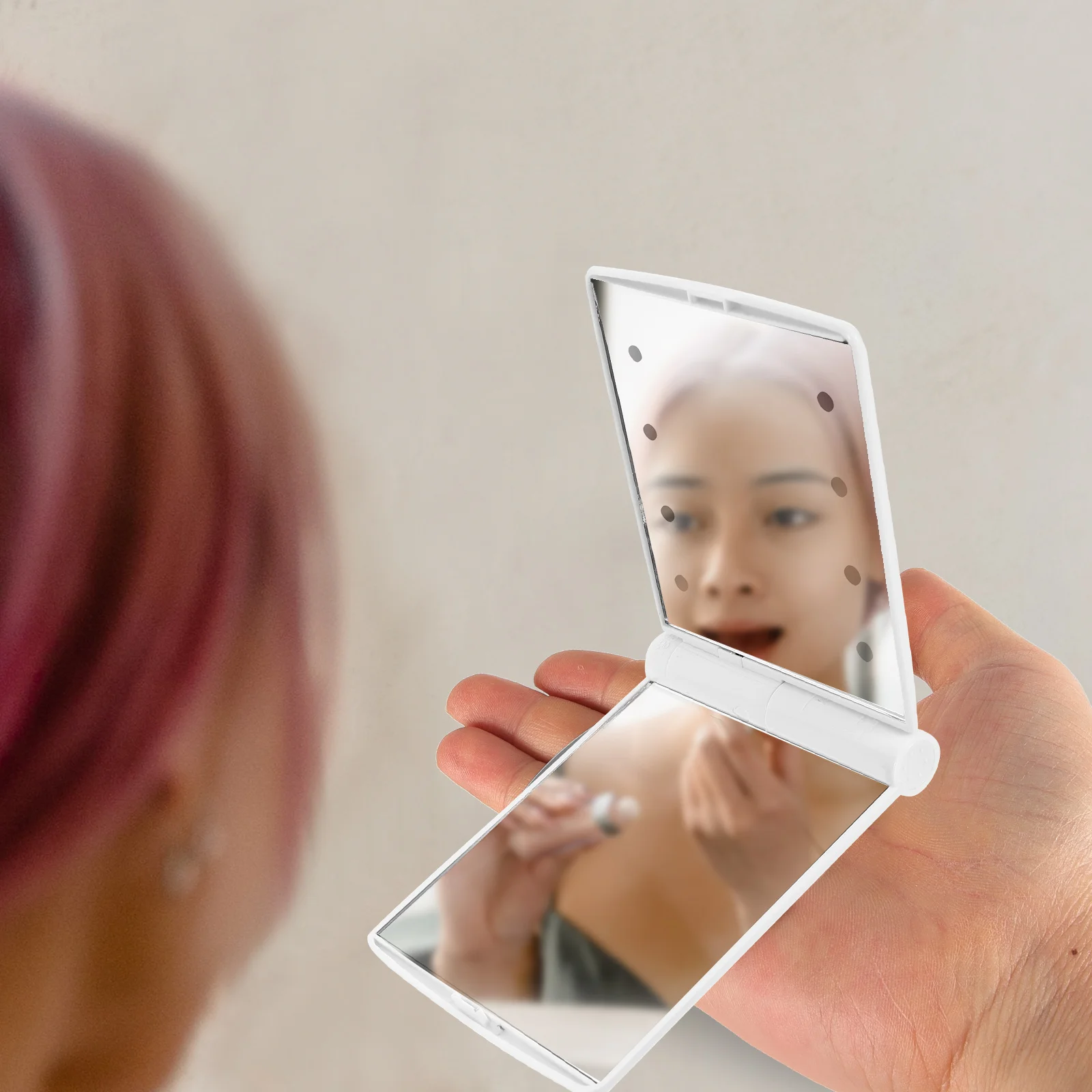 

Portable Makeup Mirror Touch Screen Lighted Vanity Massage Plastic Glass LED Travel