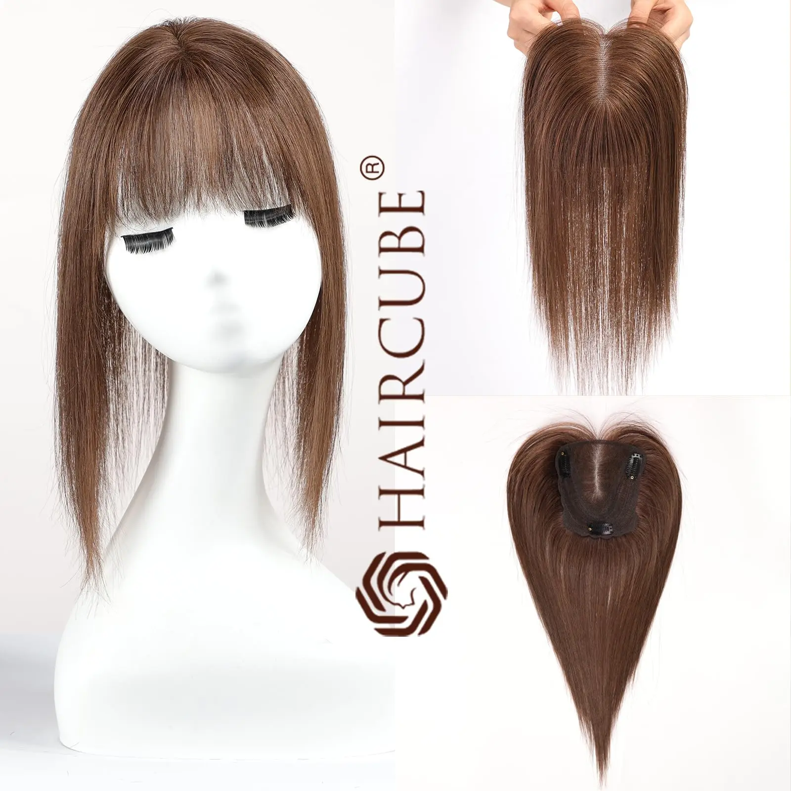 레미 인모 헤어피스 다크 브라운 인모 헤어탑퍼 중간 가르마 스트레이트 헤어 여성 탈모용 4x9cm 실크 베이스 클립형 헤어