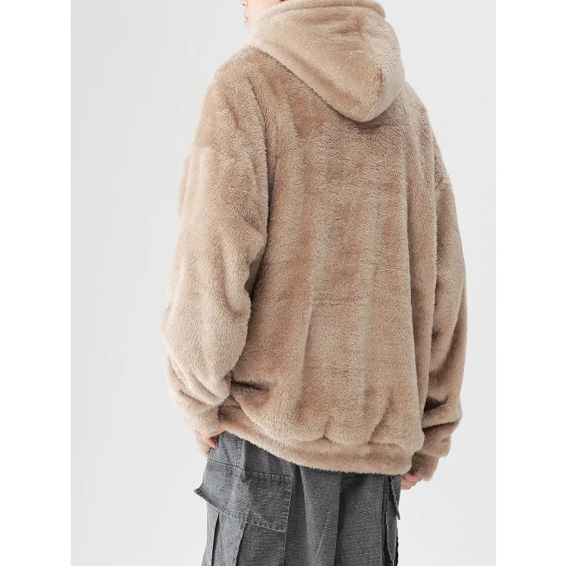 Harajuku Double-Sided Fleece Hoodie Men Autumn Winter Loose Fit Warm Streetwear Casual Fashion Pullover Sweatshirt Outfit New