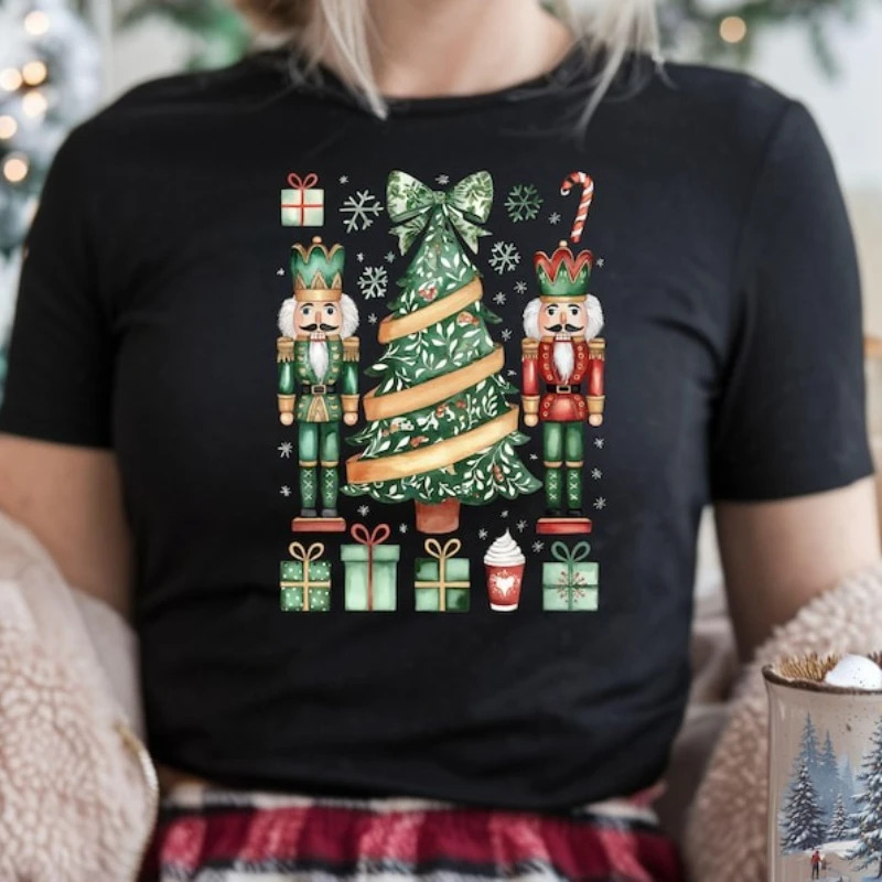 Zabawne Świąteczne Leprechauny Dziadki do Orzechów Przyjaciele Retro Zielona Koszulka Damska Urocze Koszulki z Kreskówkami Bawełniana Koszulka Krótkie Bluzki