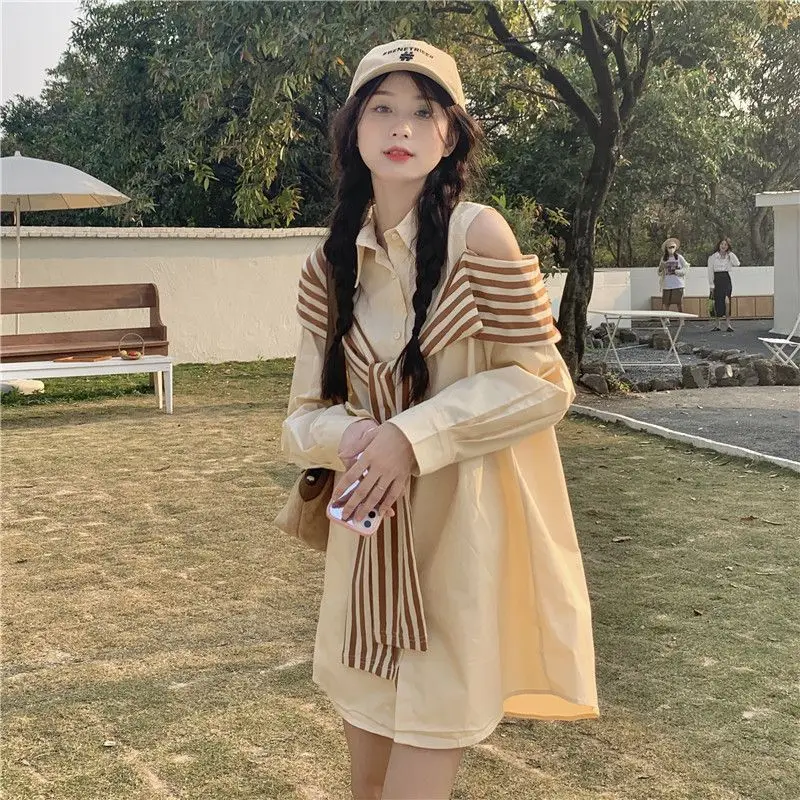 Off Shoulder Shirt Dress Women's Autumn Design Sense New Niche Artistic Sense Chic Short Skirt