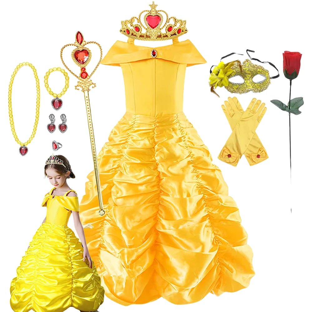 Yellow Princess Dress Halloween Cosplay Costumes Beauty and The Beast Kid Dress For 2-10Y Girls Birthday Party Children Clothing