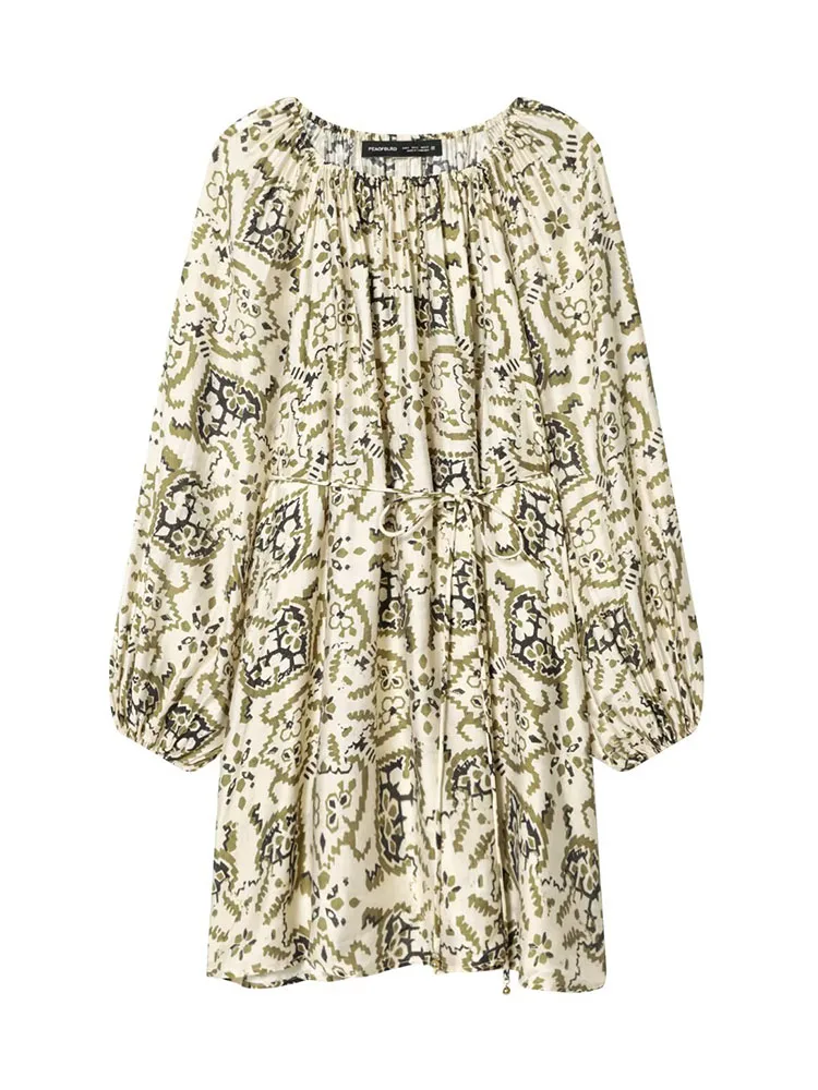 

HH Women's Spring Crew Neck Fashion Waist Tie Oversized Long Sleeve Dress Female Elegant High Street Casual Printed Dress Mujer