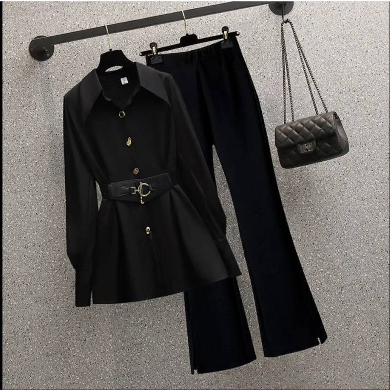 2023 Spring Summer New Fashion Midi Shirt+micro Flare Pants Two-piece Women\'s Tracksuit Korean Elegant Top Trousers Matching Set