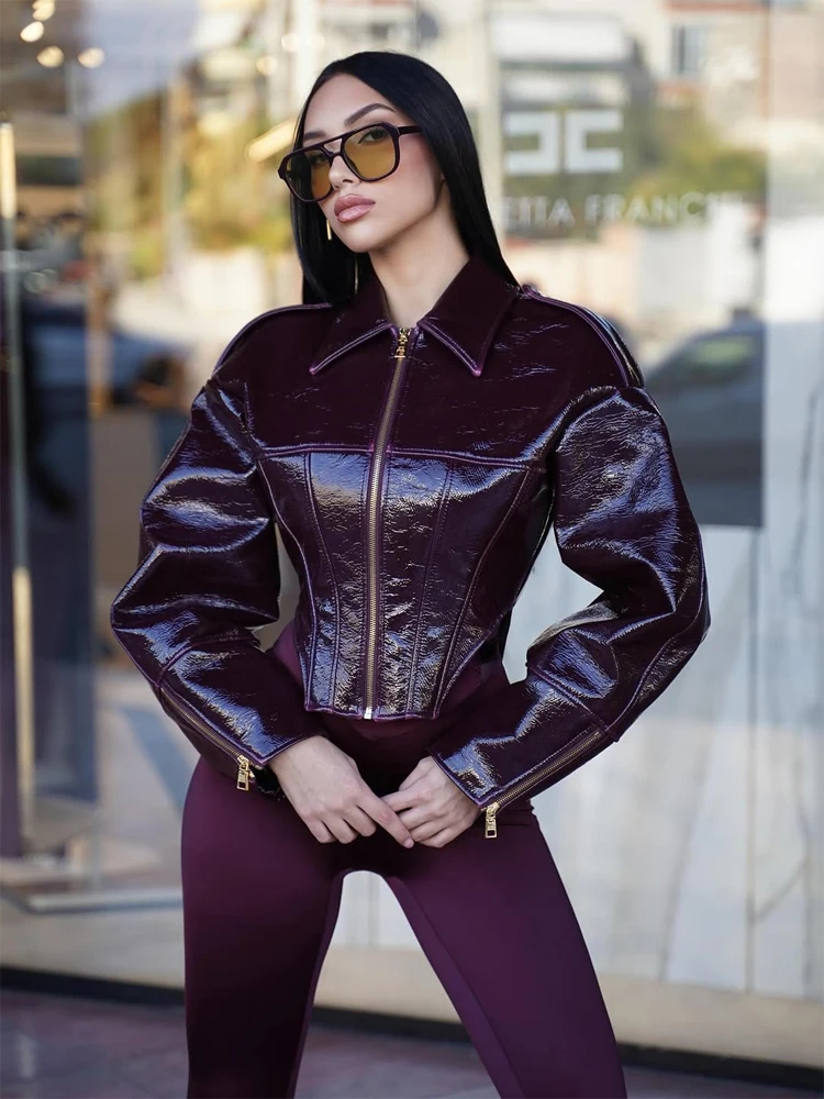 Chaqueta de Cuero Retro Brillante con Diseño de Espina de Pescado para Mujer, Cuello Alto Elegante, Mangas Largas, Cintura Ajustada, Chaqueta Corta 2026, Ropa Urbana Diaria para Dama