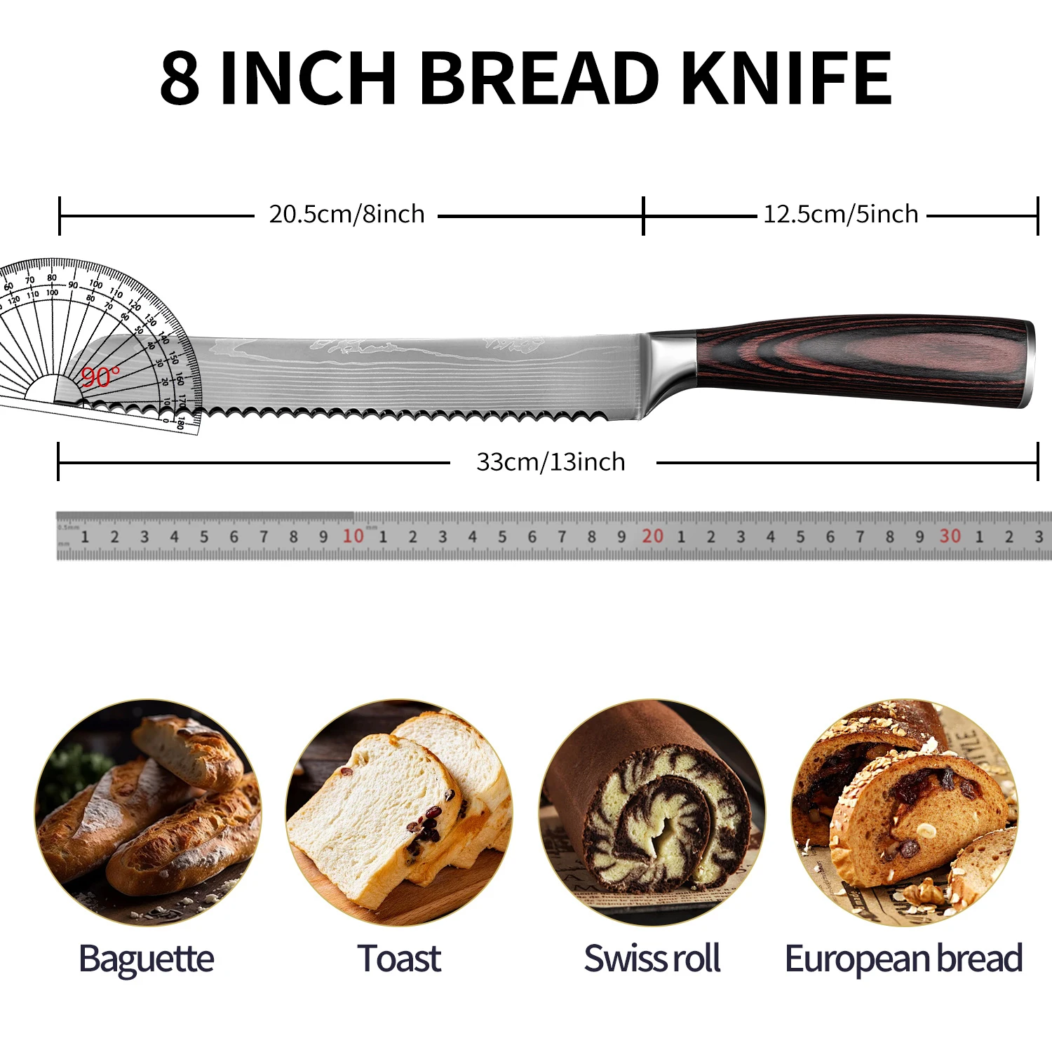 8 inch Serrated Knife, German Stainless Steel Bread Knife for Homemade Bread, Razor Sharp Edge for Efficient Slicing Sourdough