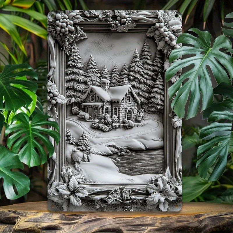 

Vintage Christmas Town in Snow Aluminum Wall Art, Metal Tin Sign for Office, Studio, Dining & Bathroom Decor, 8X12 in/12X18 In