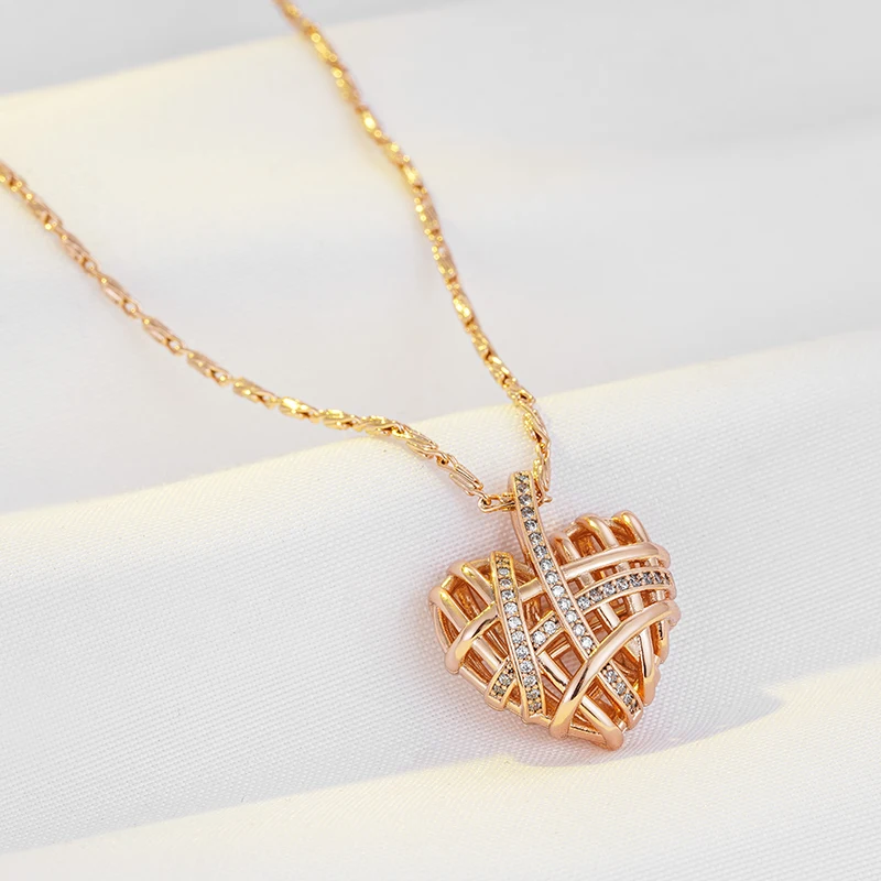 Wbmqda New Fashion Wrapped Hollow Love Shape Zircon Pendant Necklace For Women 585 Rose Gold Color Designer\'s Work 2023 Trending