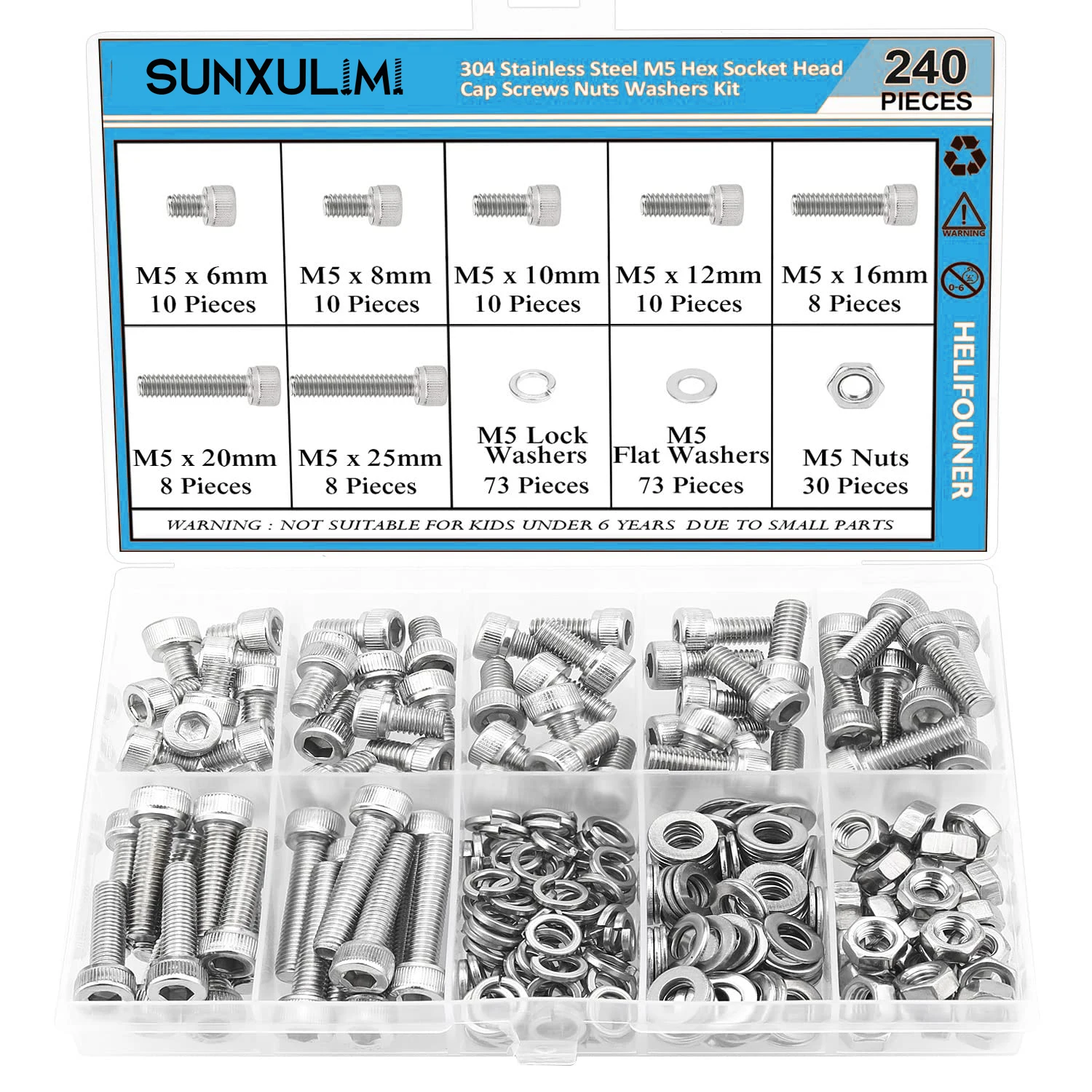 

240 комплектов гаек M5 x 6/8/10/12/16/20/25 мм с шестигранной головкой, болтов, шайб и контейнеров, изготовленных из нержавеющей стали 304