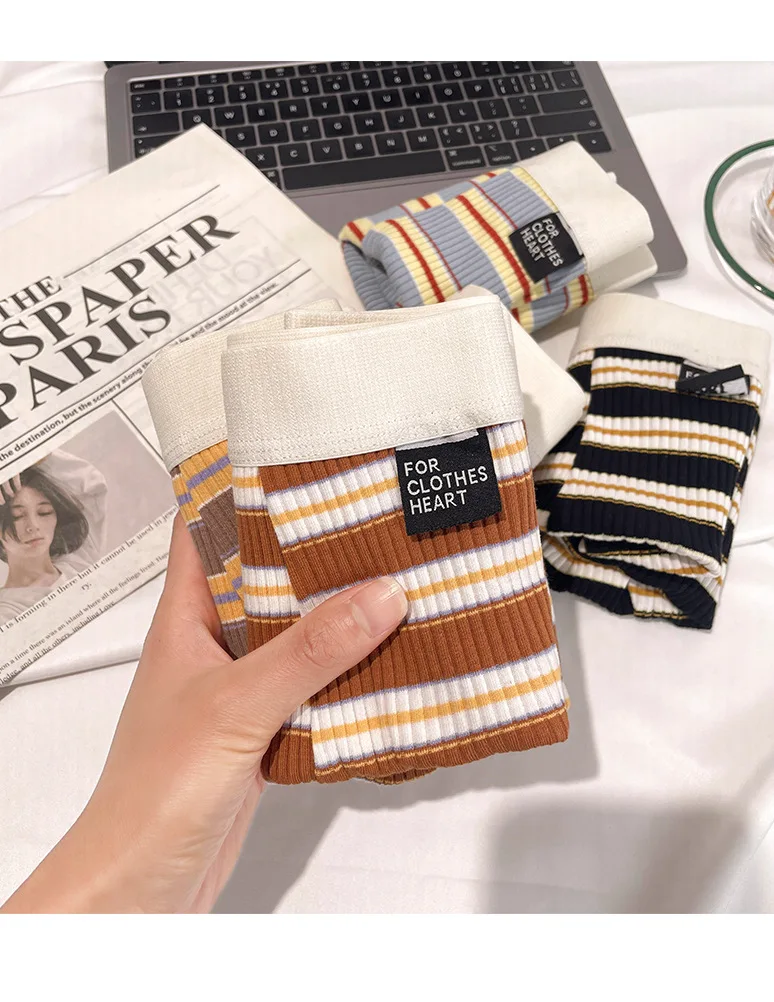 

New American-style Men's 100% Cotton Briefs, Mid-rise Design, Striped Pattern, Breathable Summer Men's Boxer Briefs, Plus Size.