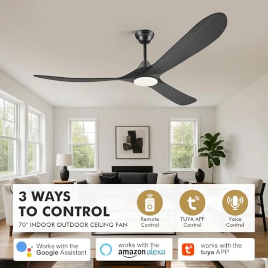 60 Inch Black Outdoor Ceiling Fans with Lights, Solid Wood Farmhouse Style, Smart Remote/APP/Alexa Control, Quiet Reversible DC