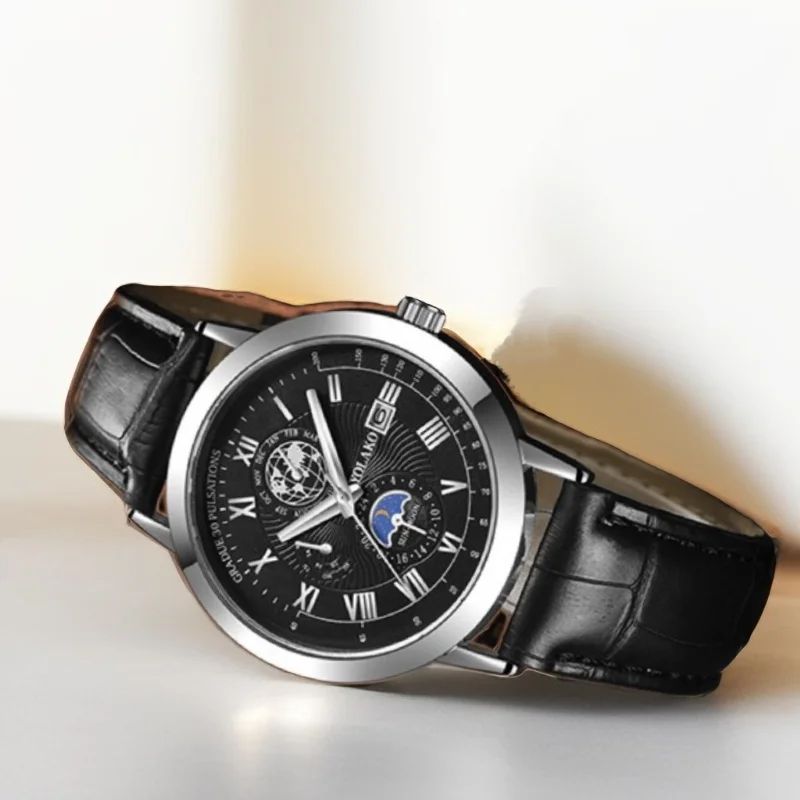 

Casual fashion Simple style Quartz watch Three eyes Moon Earth Simple and stylish multi-functional calendar belt quartz watch