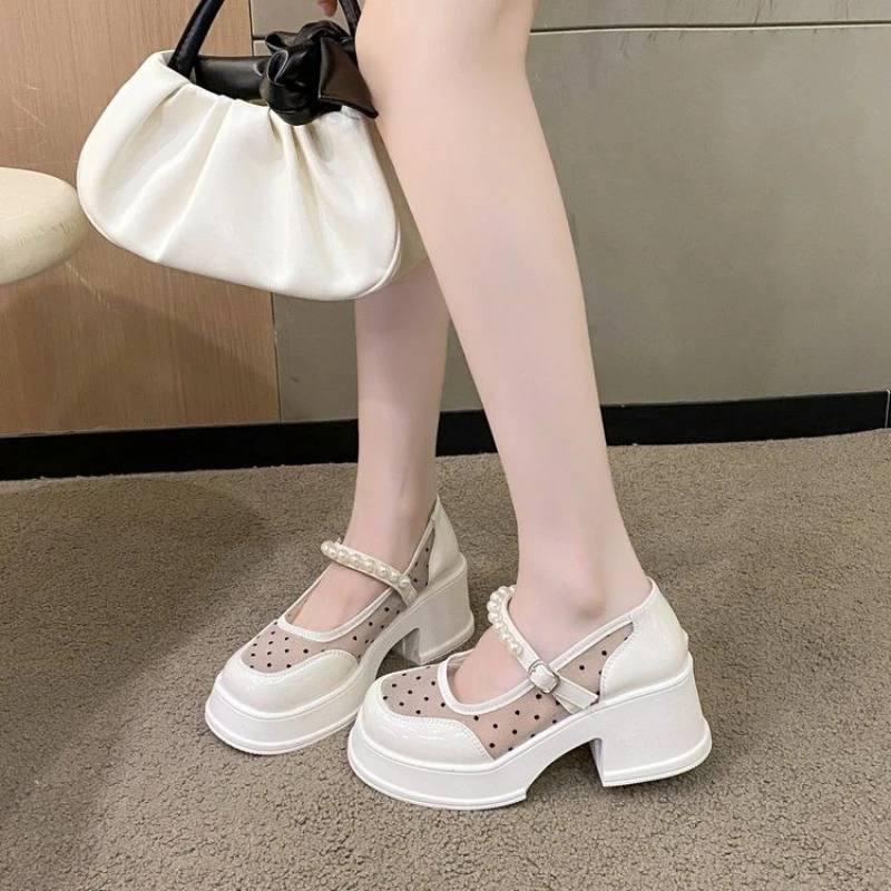 

Women Mesh Loafers Summer Breathable Pearl Decor Single Strap Mary Jane Shoes New Versatile Style