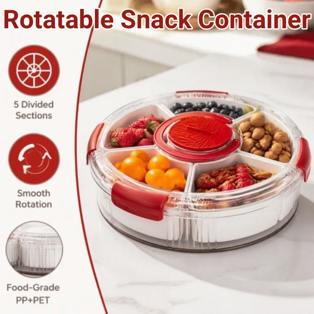 Sealed Rotating Serving Tray Compartmentalized Transparent Lid Rotatable Snack Container Divided Phone Slot Rotating Fruit Tray