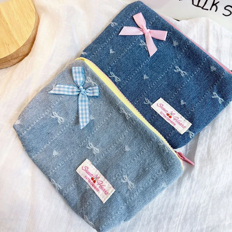1pc denim zero carteira senhora bonito arco saco de cosméticos saco de armazenamento viagem portátil organizador de maquiagem carteira bolsa com zíper