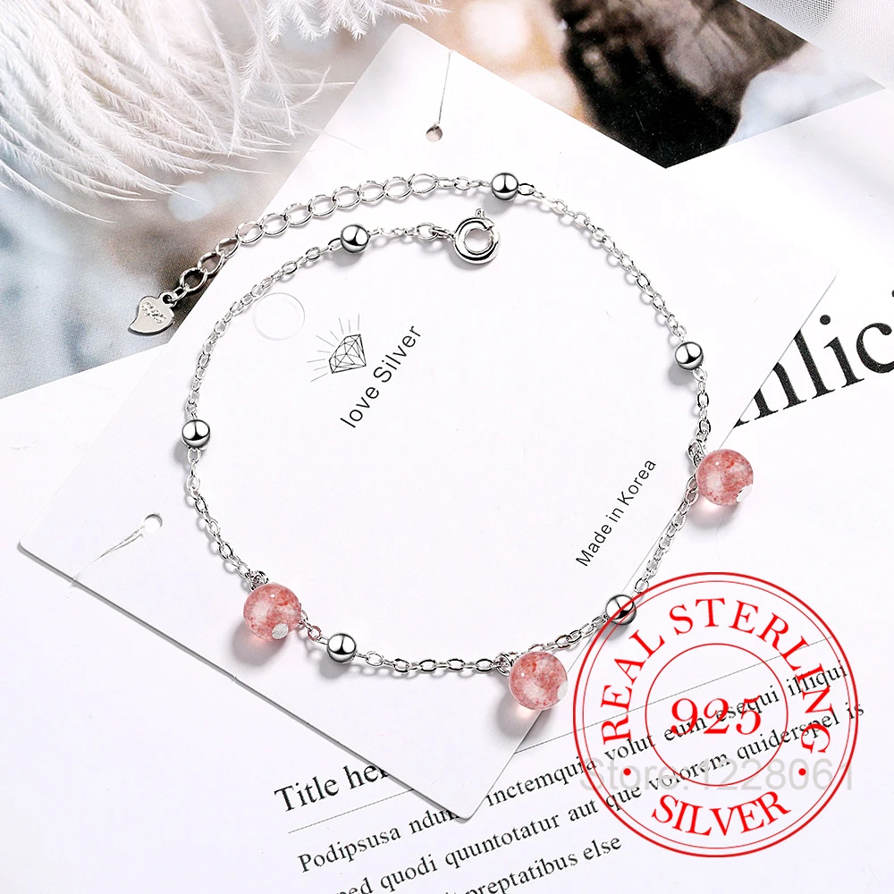 925 Silver Ankle Bracelet for Women, Pink Strawberry Crystal, Korean Minimalist Style, Wedding & Party Jewelry, Fashion Gift