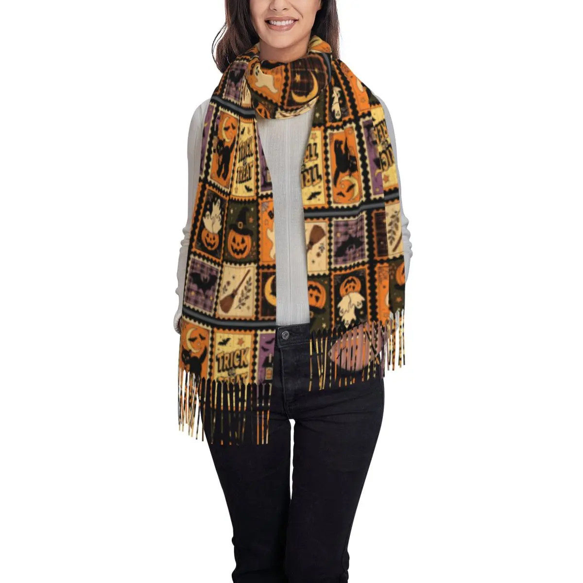 Vintage Collage Halloween Scarf with Long Tassel Warm Soft Shawl Wraps Women Printed Scarves Wraps Winter Fashion Bandana