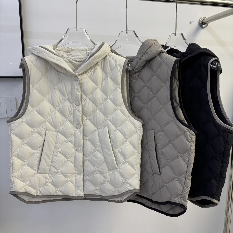 Gilet en duvet de canard blanc pour femme, coupe ajustée, à capuche, sans manches, avec motif de grille de diamant, nouvelle collection automne/hiver