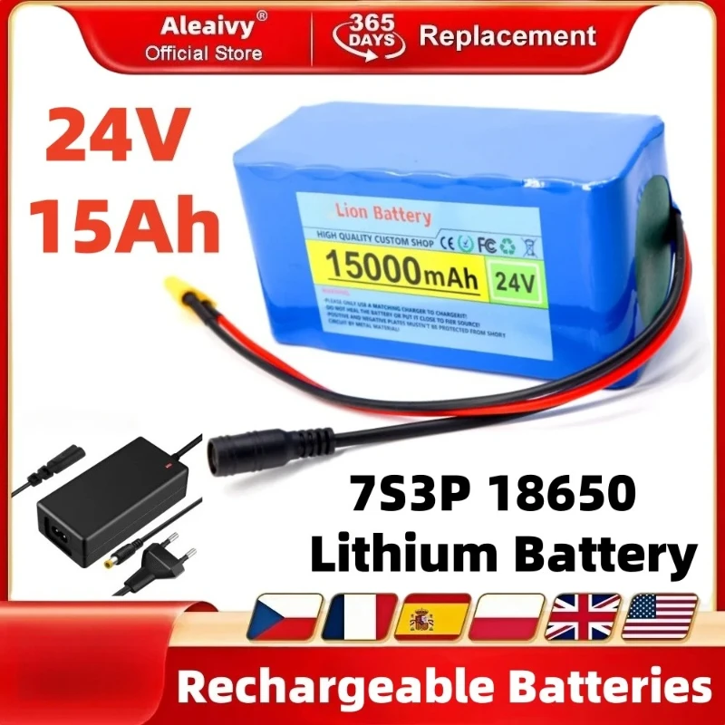 7S3p 18650 24V 15Ah Battery Lithium Battery for Electric Bicycle Moped Electric High Quality Rechargeable Battery Pack+2A Chg