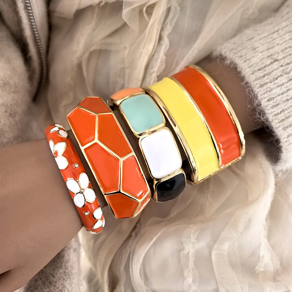 New Vibrant Orange Series Patchwork Irregular Geometric Metal Bracelet Enamel Dripping Oil Wide Spring Bangles Aesthetic Jewelry