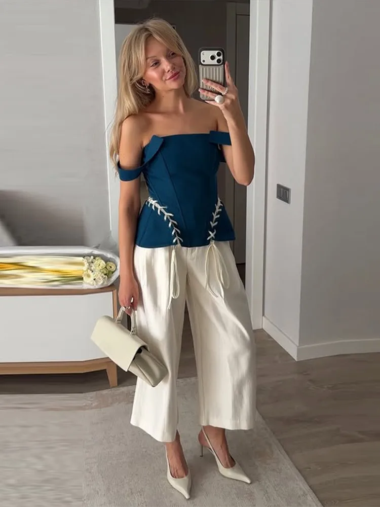 Schulterfreie, taillierte Schnür-Korsett-Tops für Damen, sexy, ärmellos, rückenfrei, getäfeltes, schmales Oberteil, schicke Damenkleidung – Detail 5