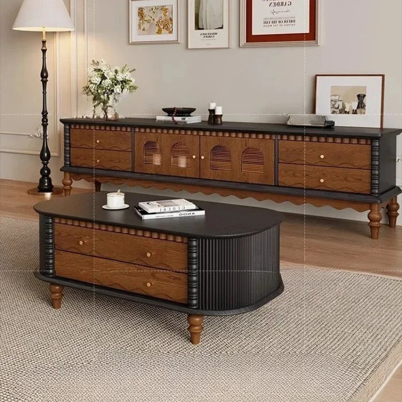 

A Solid wood coffee table TV cabinet combination living room household oval medieval tea table