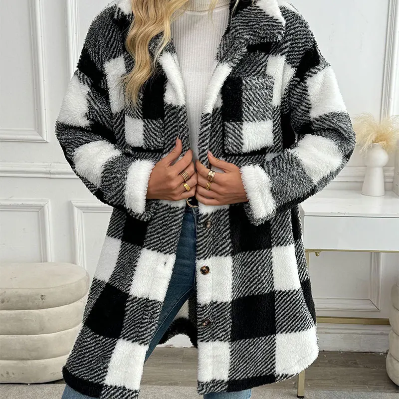 Fashion Women\'s Coat Winter New Streetwear Pockets Plaid Suit Collar Button Elegant Trench Coat Slim Versatile Female Clothing