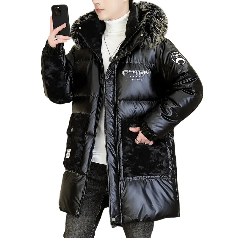 Casual Winter Men's Mid-Length Hooded Cotton-Padded Jackets Streetwear Fur Collar Detachable Warm Coats Windproof Thicken Parkas