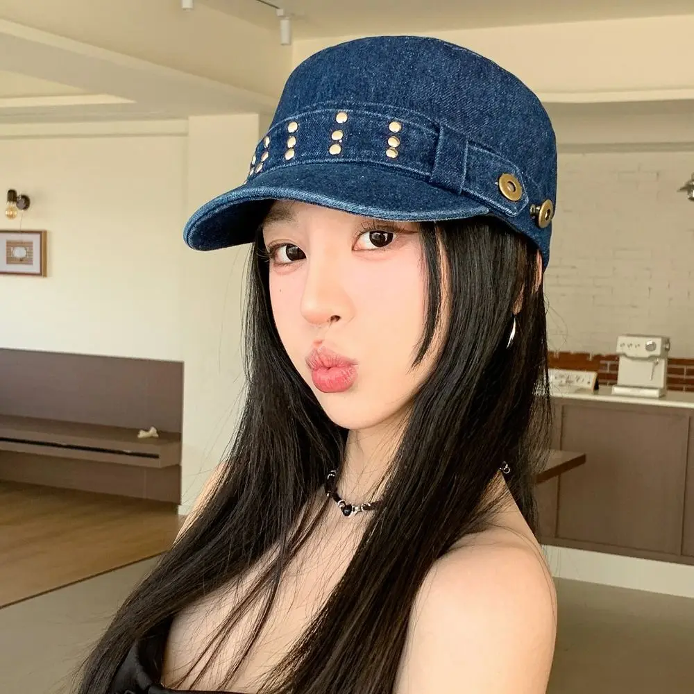 

Fashion Cloth Rivet Denim Beret Washed Denim Korean Style Rivet Flat Top Fashion Y2k Retro Painter Hat Autumn