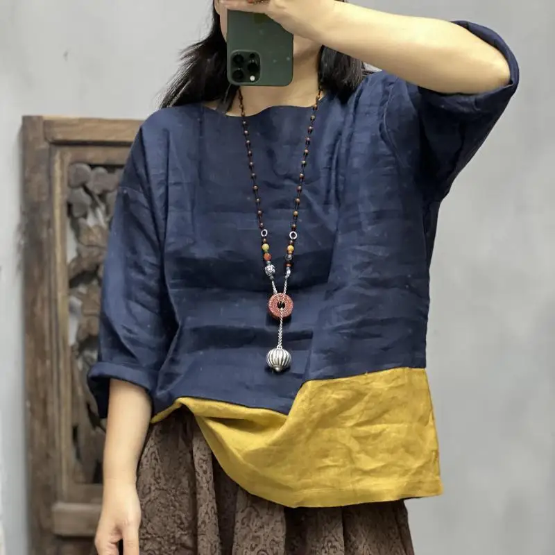 

Spring Summer Arts Style Women 3/4 Sleeve O-neck Loose Tops Tees Vintage Patchwork Design Cotton Linen Tee Shirt Femme Tops